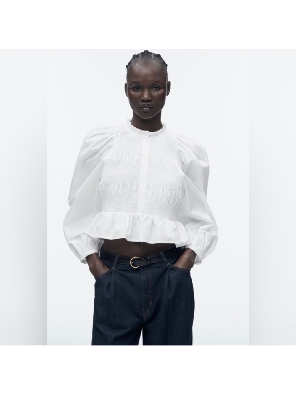 Zara White Smocked Ruffle Hem Puff Sleeve Blouse